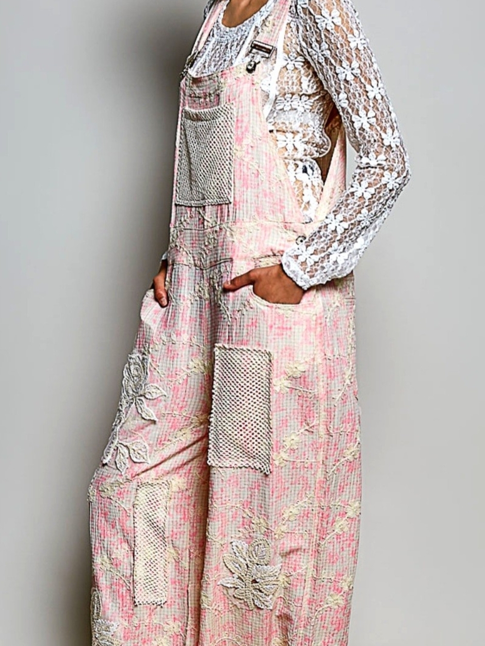 POL Pink Lace-Appliqué Embroidered Overalls - Picture 3 of 11